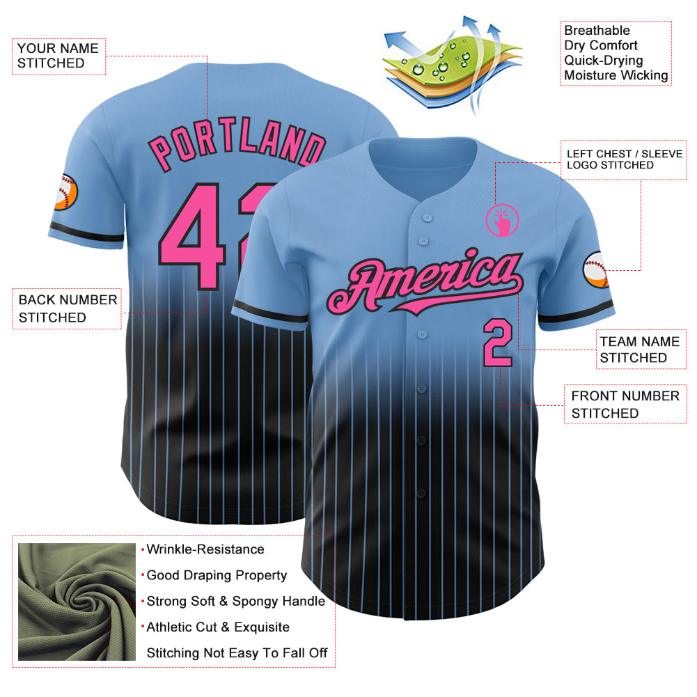 Custom Light Blue Pinstripe Pink-Black Authentic Fade Fashion Baseball Jersey