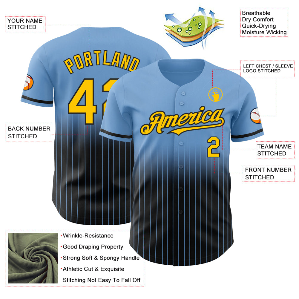 Custom Light Blue Pinstripe Yellow-Black Authentic Fade Fashion Baseball Jersey