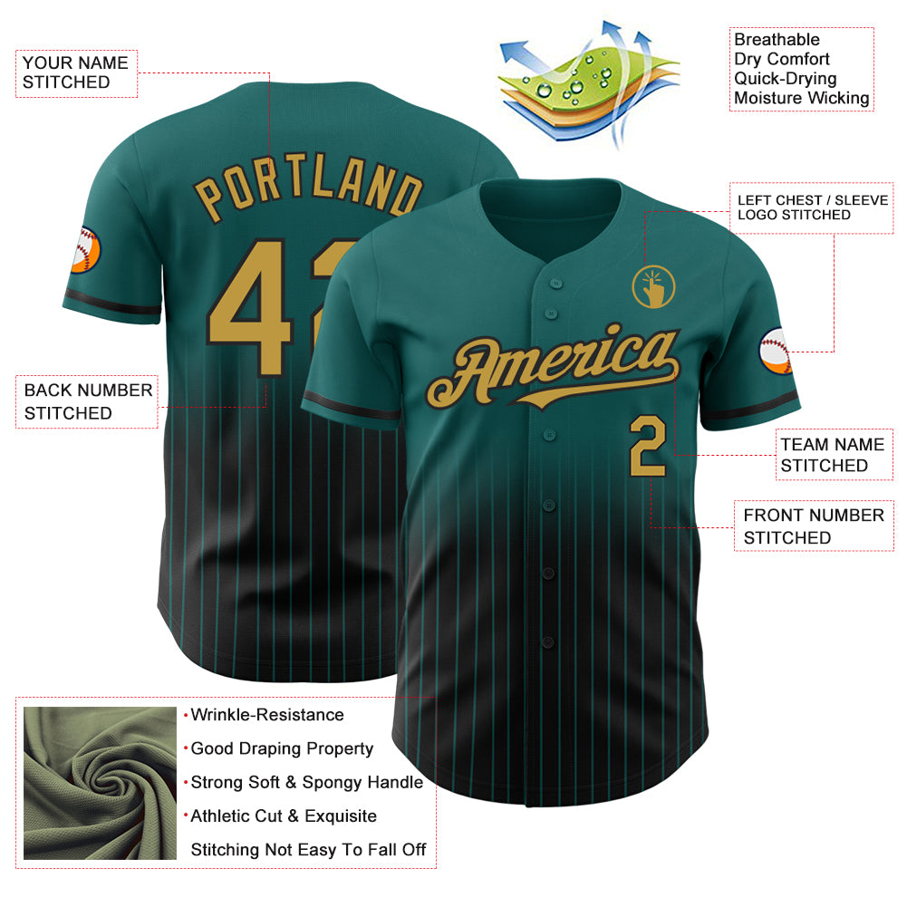 Custom Teal Pinstripe Old Gold-Black Authentic Fade Fashion Baseball Jersey