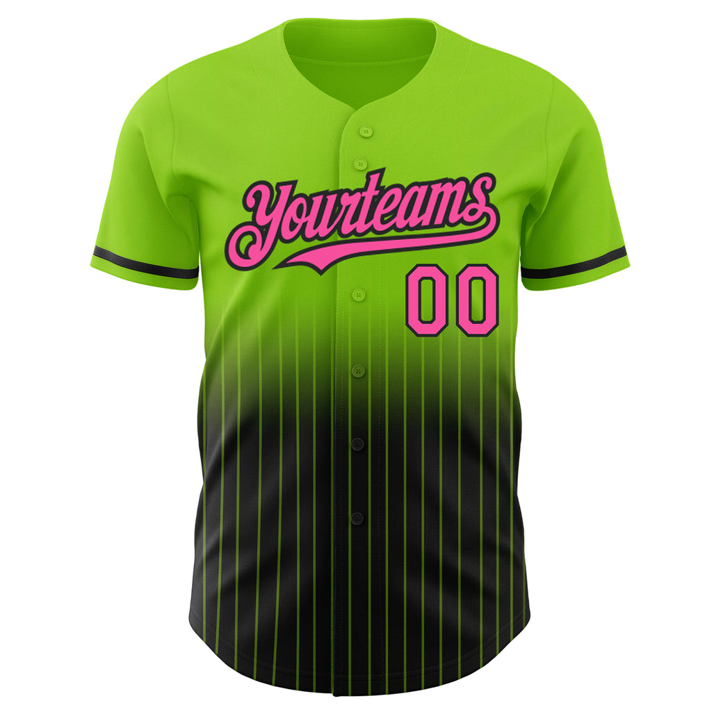 Custom Neon Green Pinstripe Pink-Black Authentic Fade Fashion Baseball Jersey