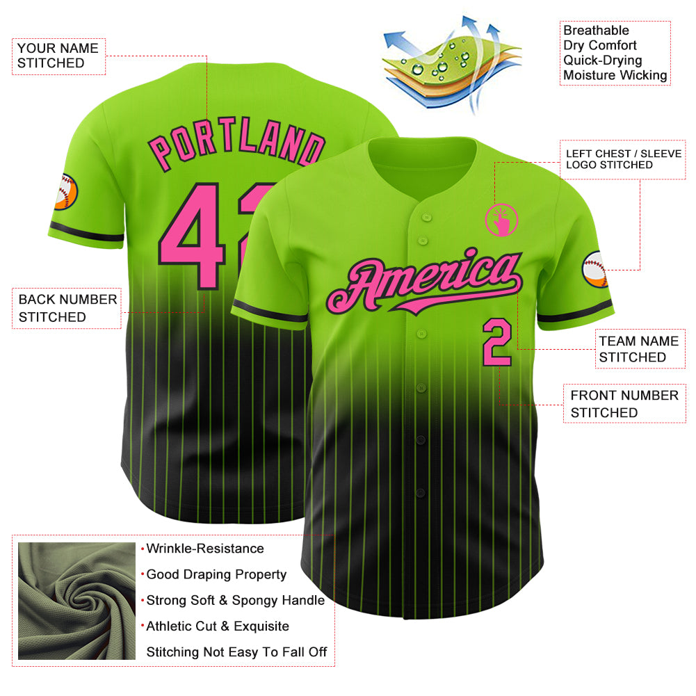 Custom Neon Green Pinstripe Pink-Black Authentic Fade Fashion Baseball Jersey