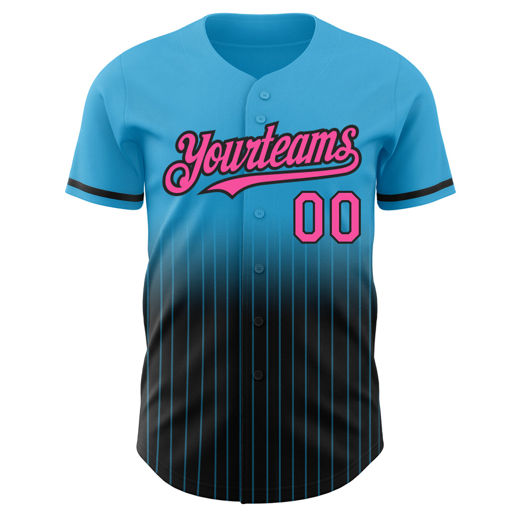 Custom Sky Blue Pinstripe Pink-Black Authentic Fade Fashion Baseball Jersey