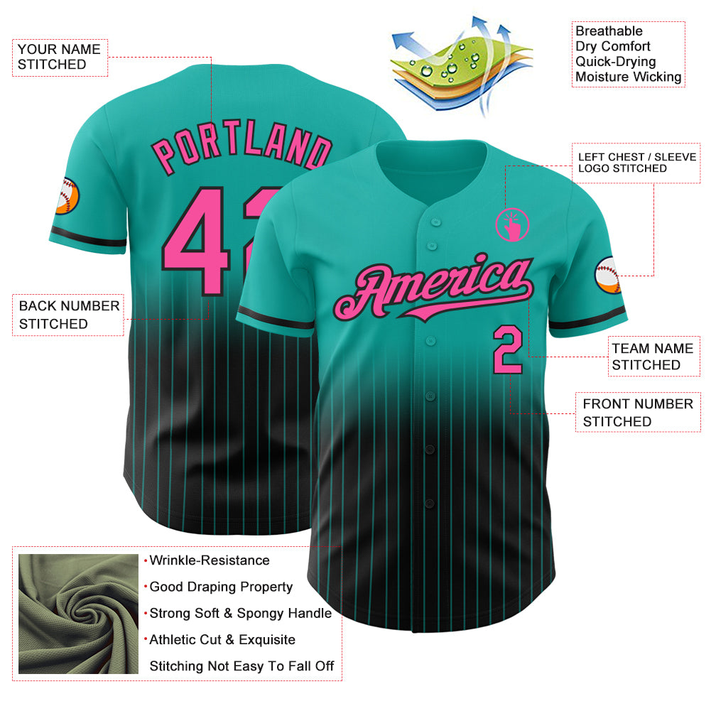 Custom Aqua Pinstripe Pink-Black Authentic Fade Fashion Baseball Jersey