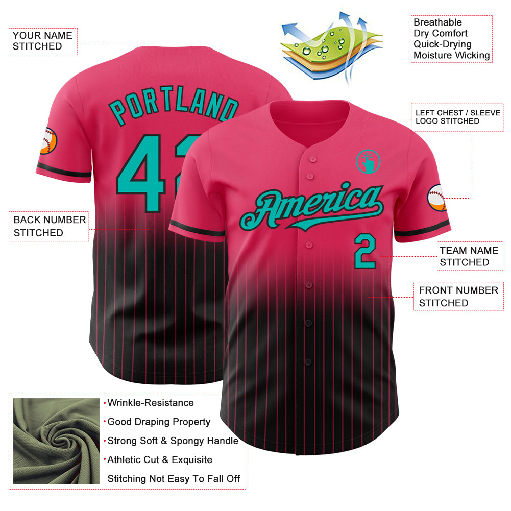 Custom Neon Pink Pinstripe Aqua-Black Authentic Fade Fashion Baseball Jersey