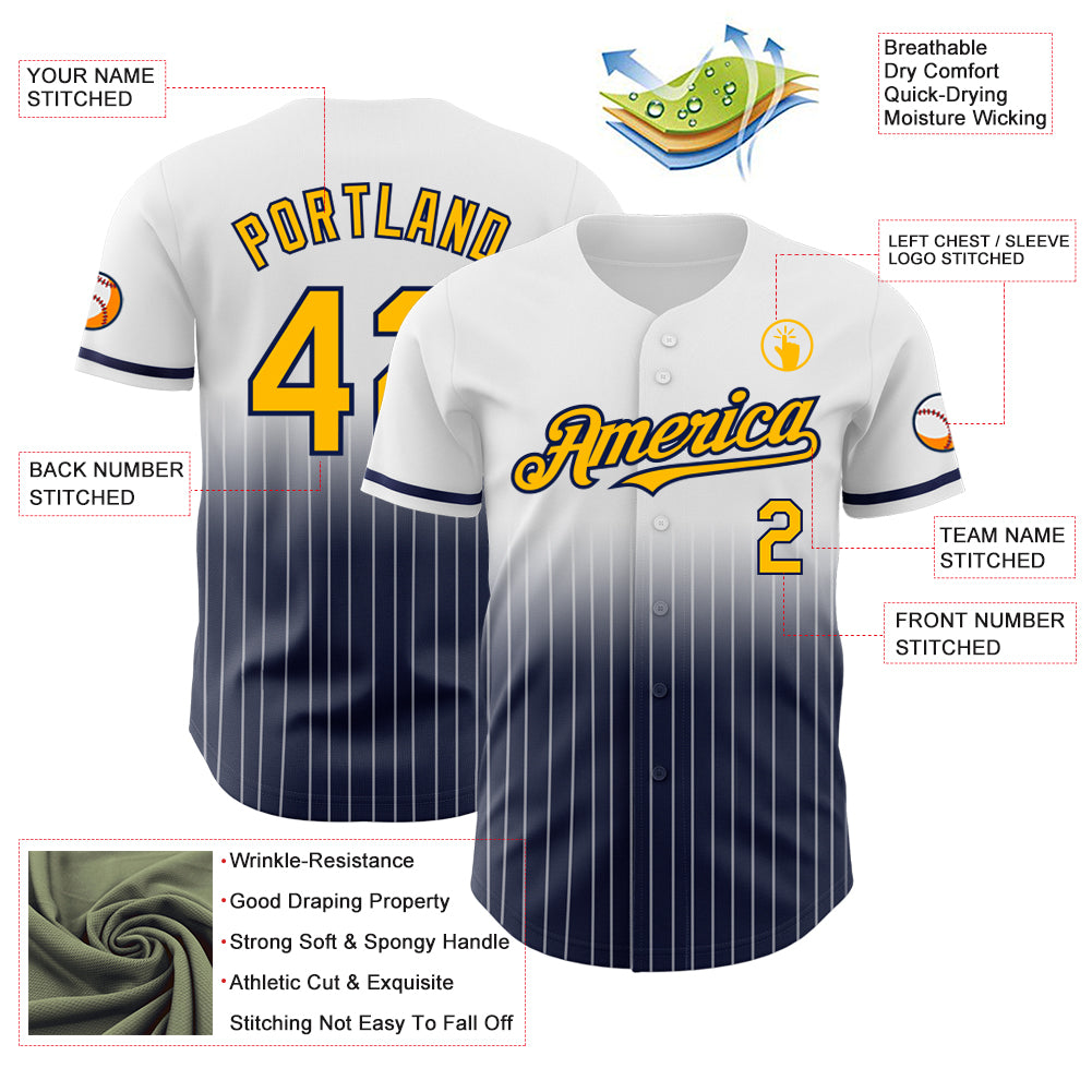 Custom White Pinstripe Gold-Navy Authentic Fade Fashion Baseball Jersey