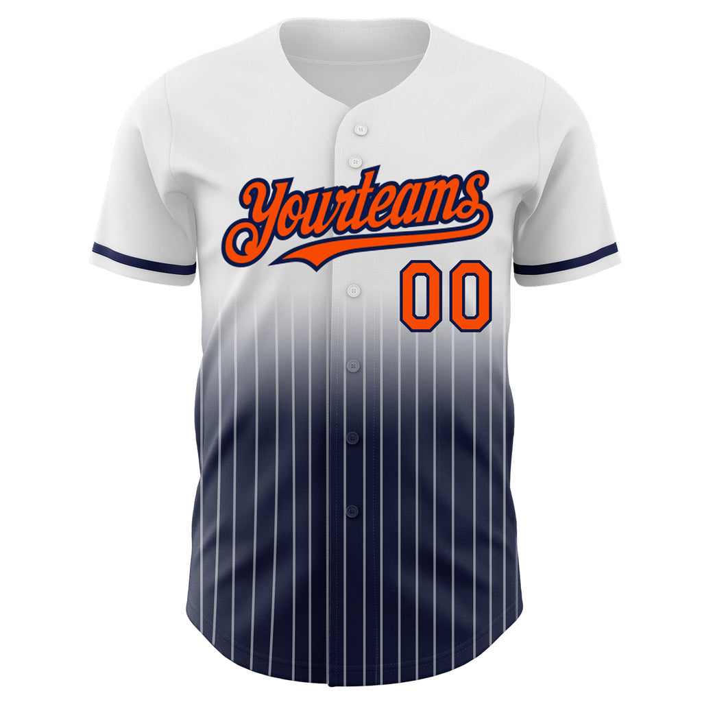 Custom White Pinstripe Orange-Navy Authentic Fade Fashion Baseball Jersey