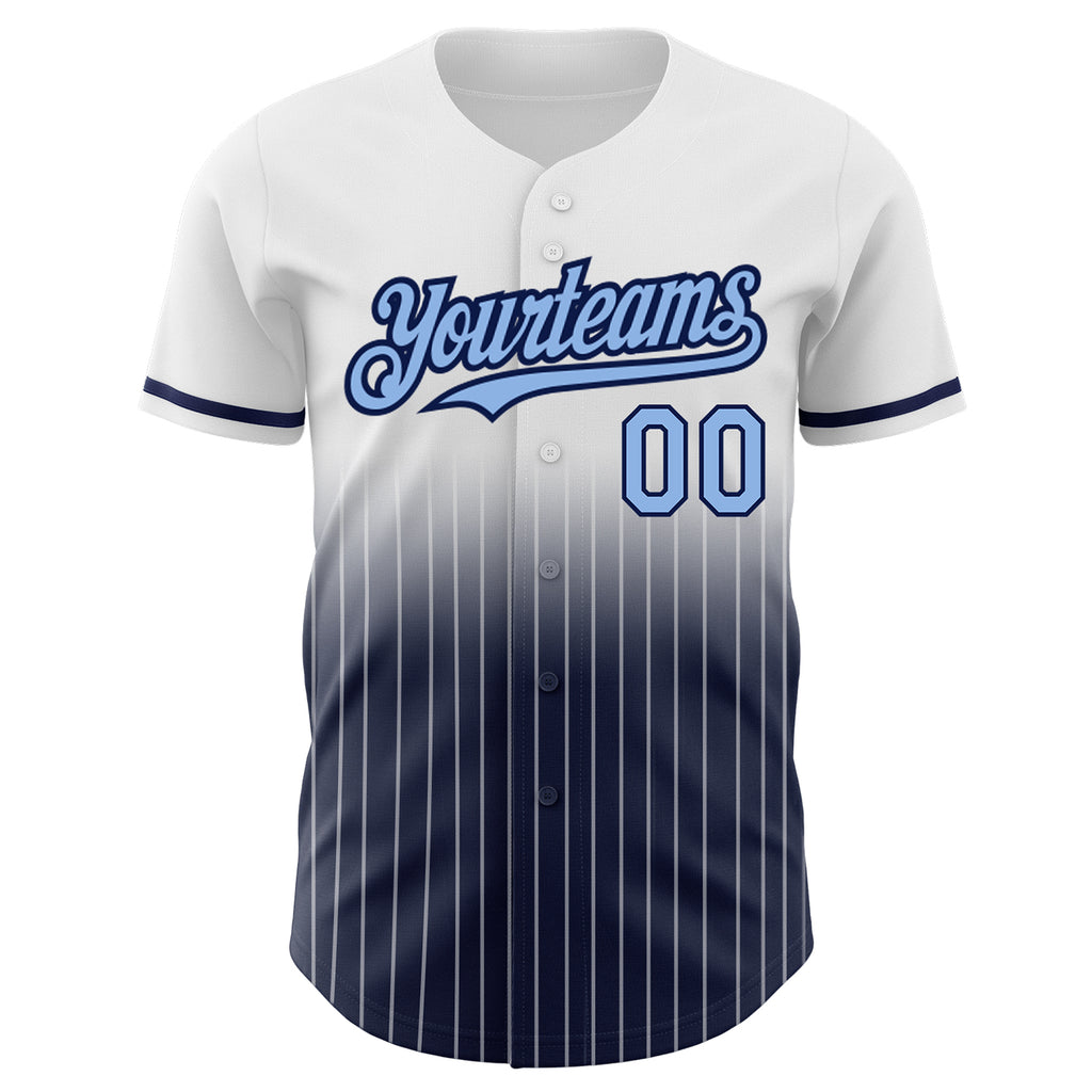 Custom White Pinstripe Light Blue-Navy Authentic Fade Fashion Baseball Jersey