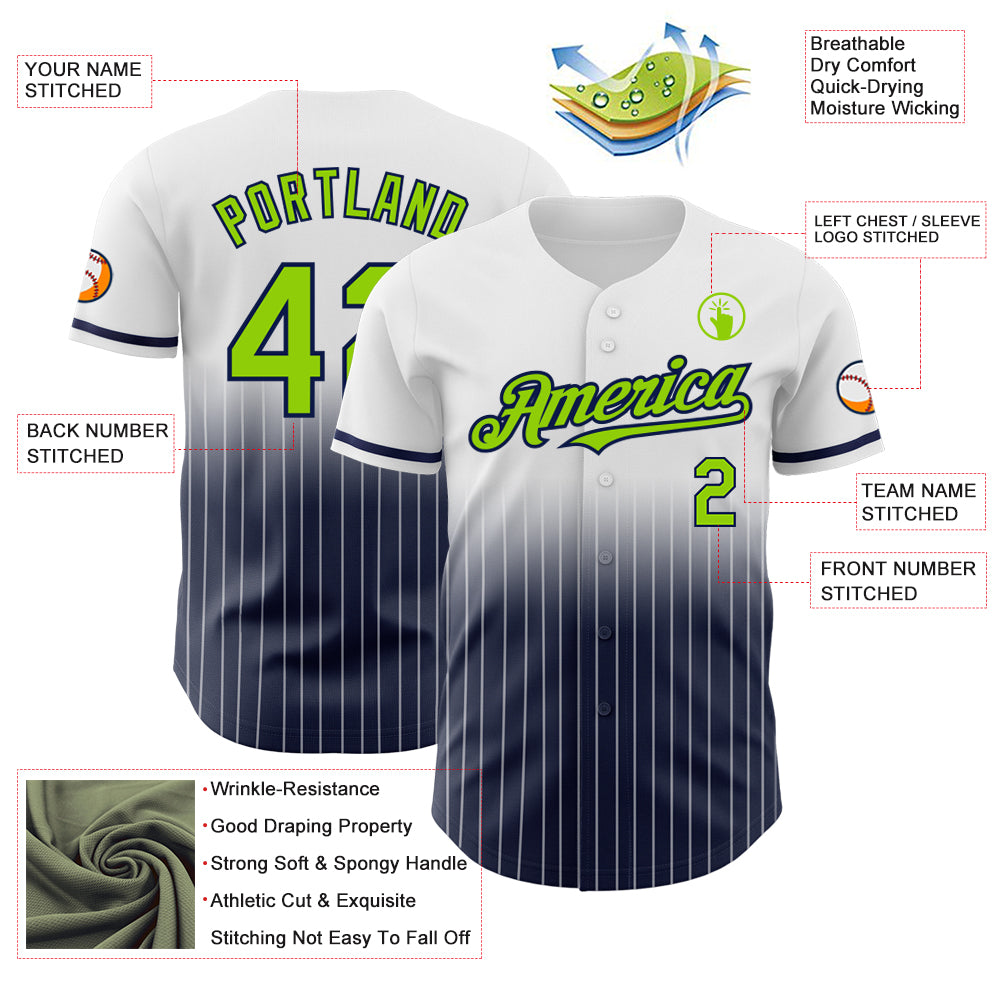 Custom White Pinstripe Neon Green-Navy Authentic Fade Fashion Baseball Jersey