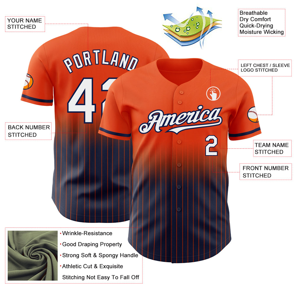 Custom Orange Pinstripe White-Navy Authentic Fade Fashion Baseball Jersey
