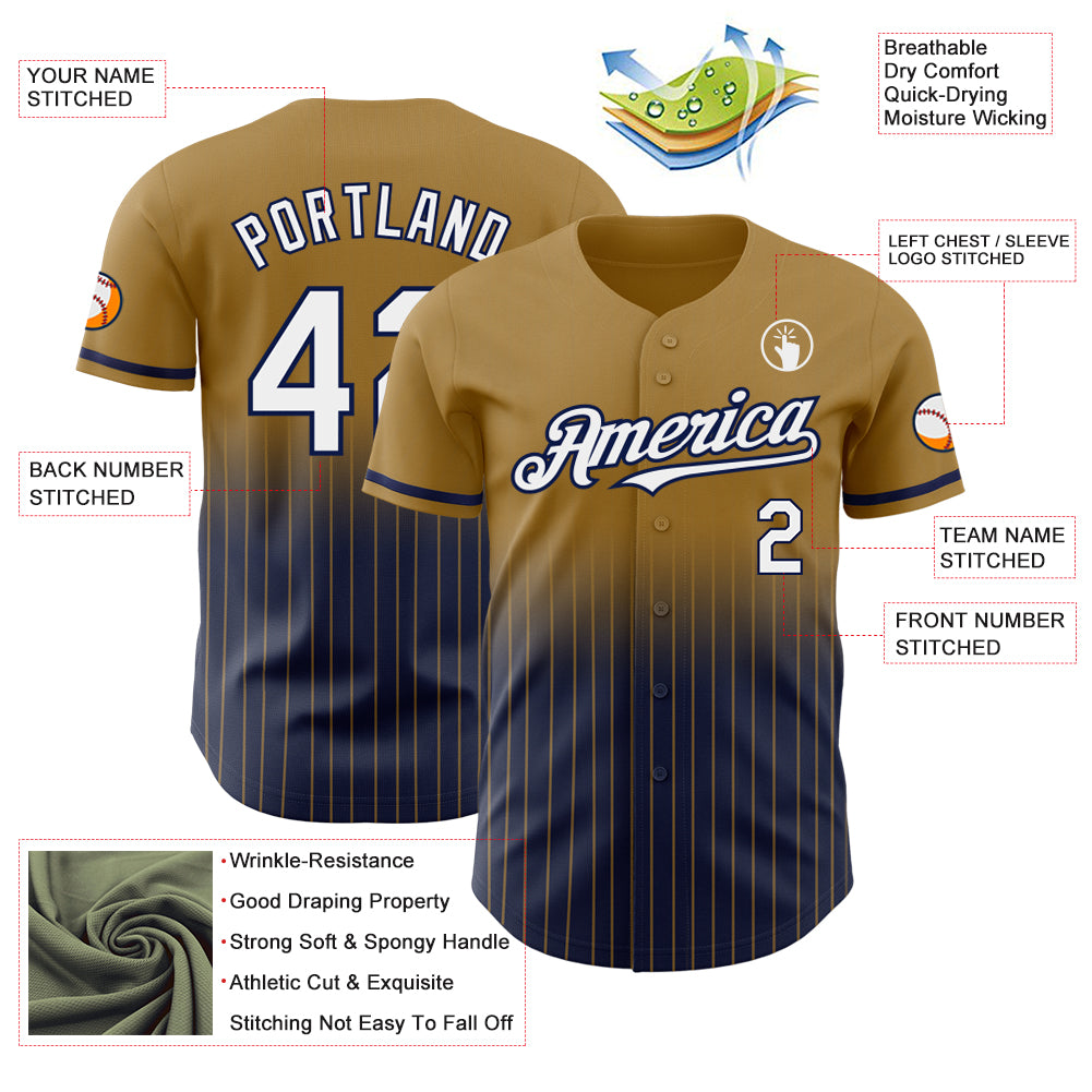 Custom Old Gold Pinstripe White-Navy Authentic Fade Fashion Baseball Jersey