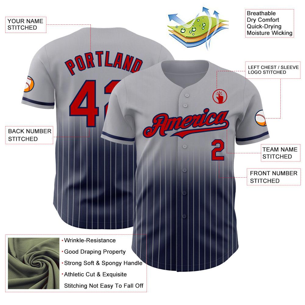 Custom Gray Pinstripe Red-Navy Authentic Fade Fashion Baseball Jersey