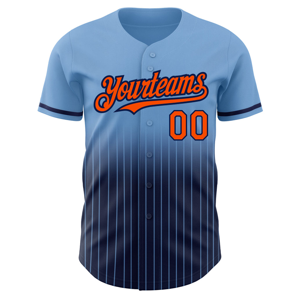 Custom Light Blue Pinstripe Orange-Navy Authentic Fade Fashion Baseball Jersey