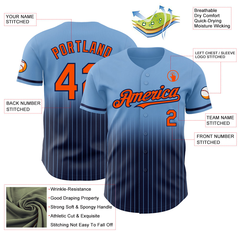 Custom Light Blue Pinstripe Orange-Navy Authentic Fade Fashion Baseball Jersey