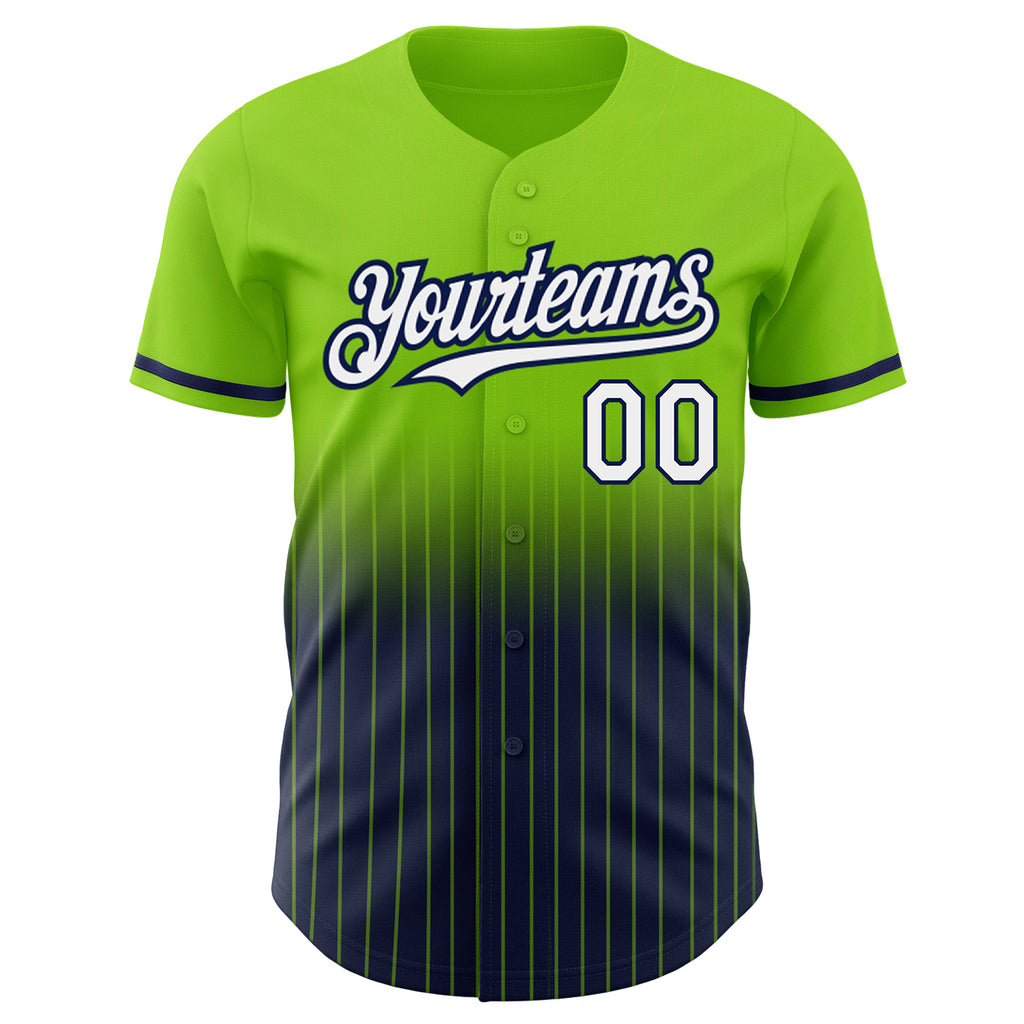 Custom Neon Green Pinstripe White-Navy Authentic Fade Fashion Baseball Jersey