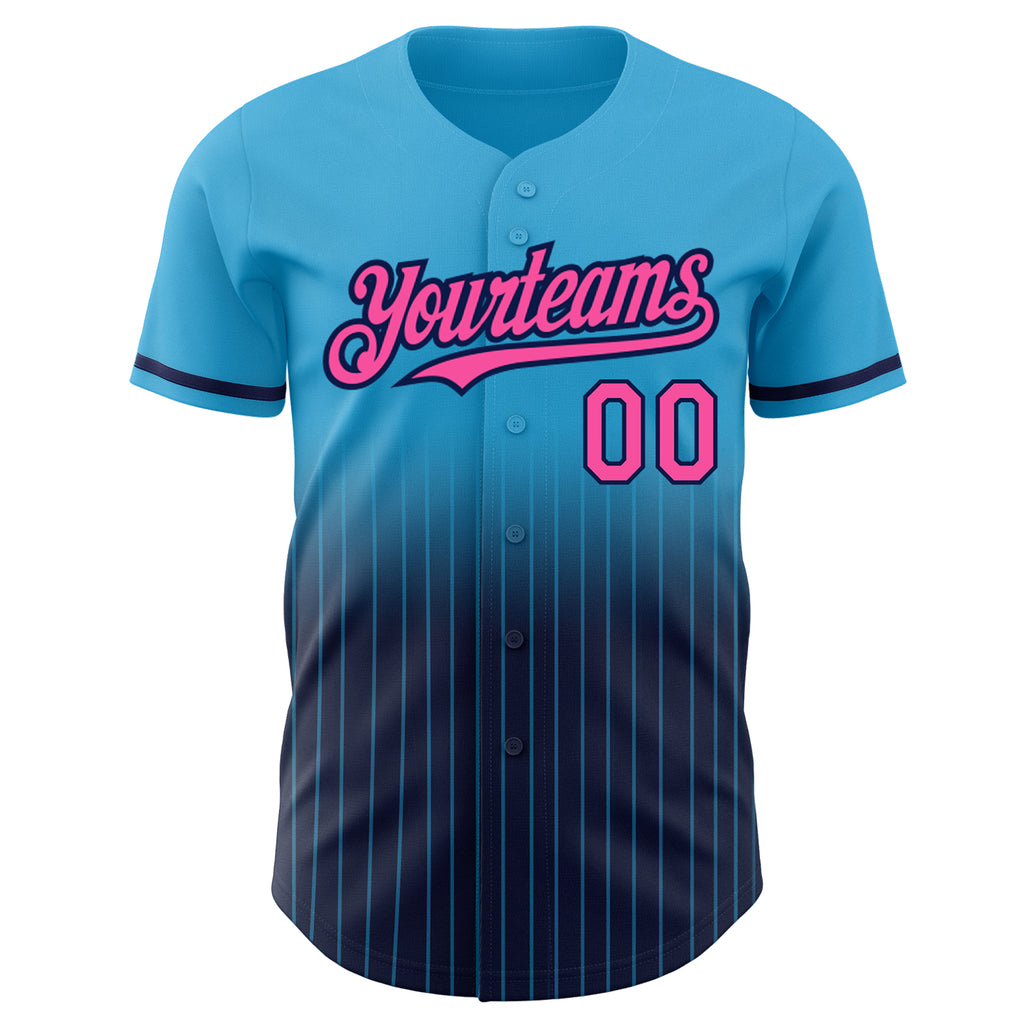 Custom Sky Blue Pinstripe Pink-Navy Authentic Fade Fashion Baseball Jersey