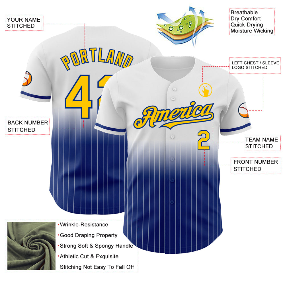 Custom White Pinstripe Yellow-Royal Authentic Fade Fashion Baseball Jersey