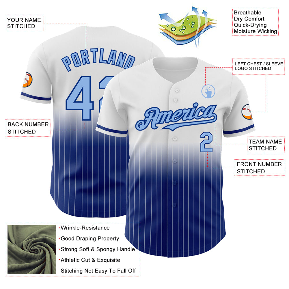 Custom White Pinstripe Light Blue-Royal Authentic Fade Fashion Baseball Jersey