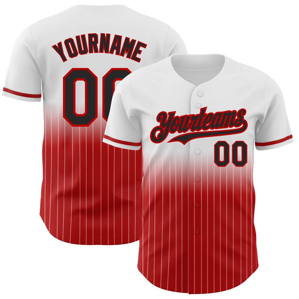 Custom White Pinstripe Black-Red Authentic Fade Fashion Baseball Jersey