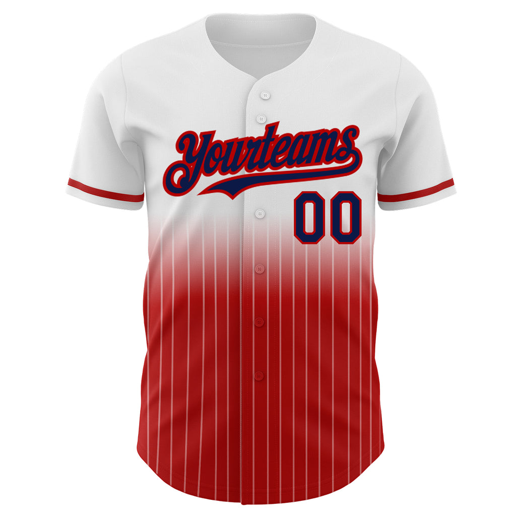 Custom White Pinstripe Navy-Red Authentic Fade Fashion Baseball Jersey