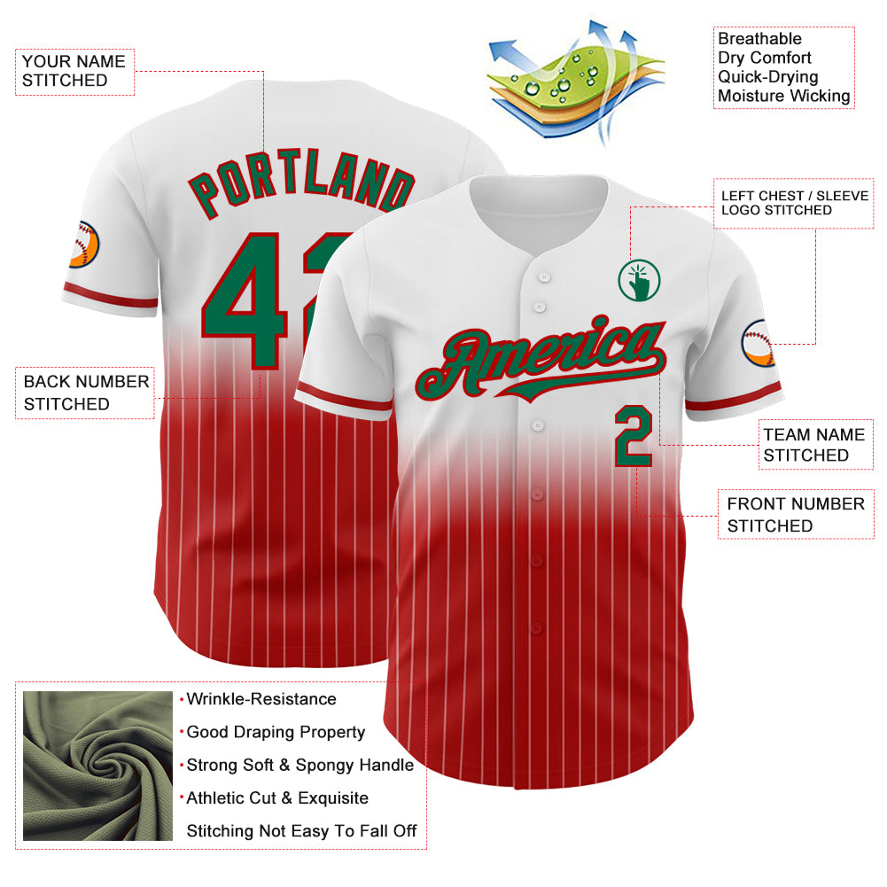 Custom White Pinstripe Kelly Green-Red Authentic Fade Fashion Baseball Jersey