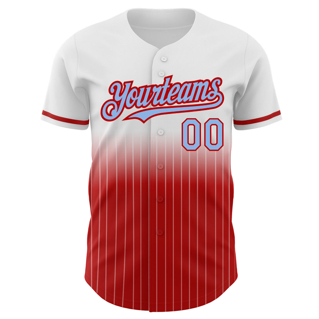 Custom White Pinstripe Light Blue-Red Authentic Fade Fashion Baseball Jersey