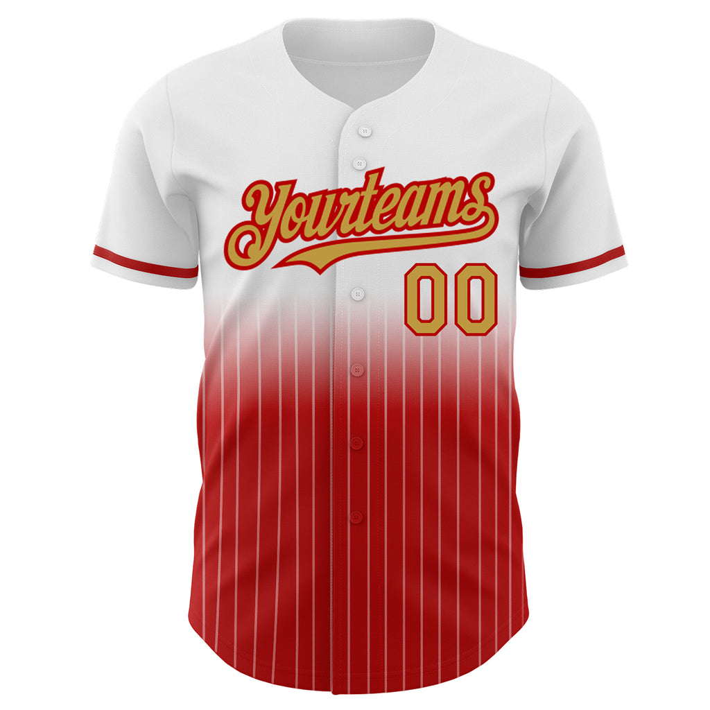 Custom White Pinstripe Old Gold-Red Authentic Fade Fashion Baseball Jersey
