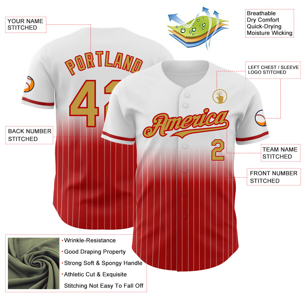 Custom White Pinstripe Old Gold-Red Authentic Fade Fashion Baseball Jersey