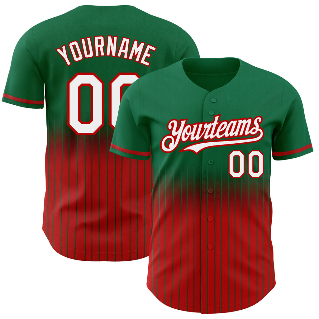 Custom Kelly Green Pinstripe White-Red Authentic Fade Fashion Baseball Jersey
