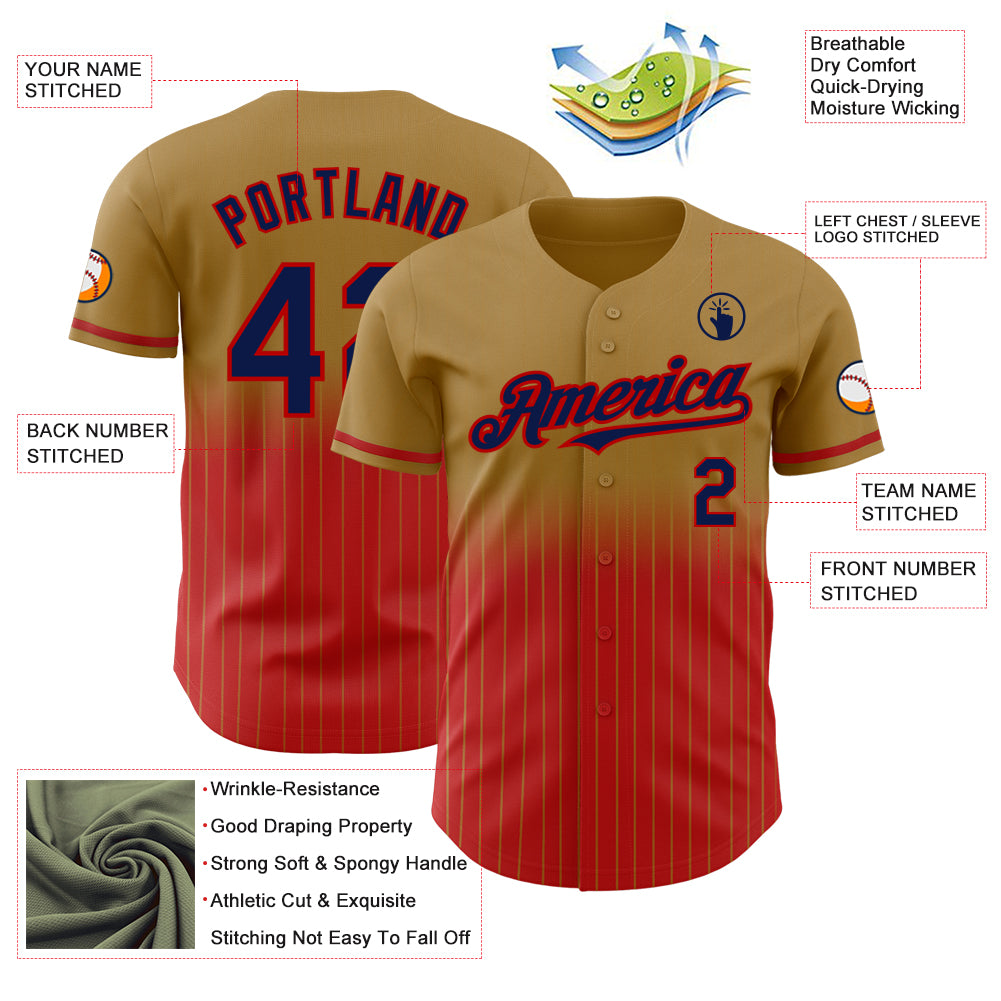 Custom Old Gold Pinstripe Navy-Red Authentic Fade Fashion Baseball Jersey