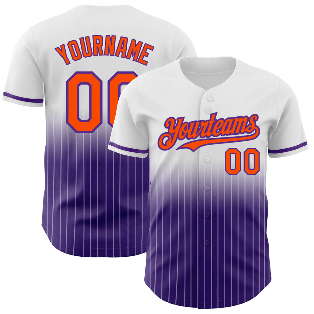 Custom White Pinstripe Orange-Purple Authentic Fade Fashion Baseball Jersey