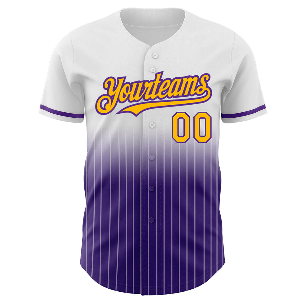 Custom White Pinstripe Gold-Purple Authentic Fade Fashion Baseball Jersey