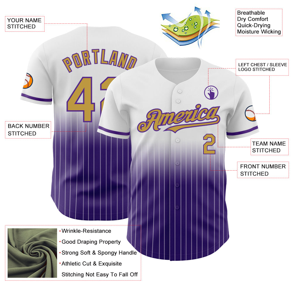 Custom White Pinstripe Old Gold-Purple Authentic Fade Fashion Baseball Jersey