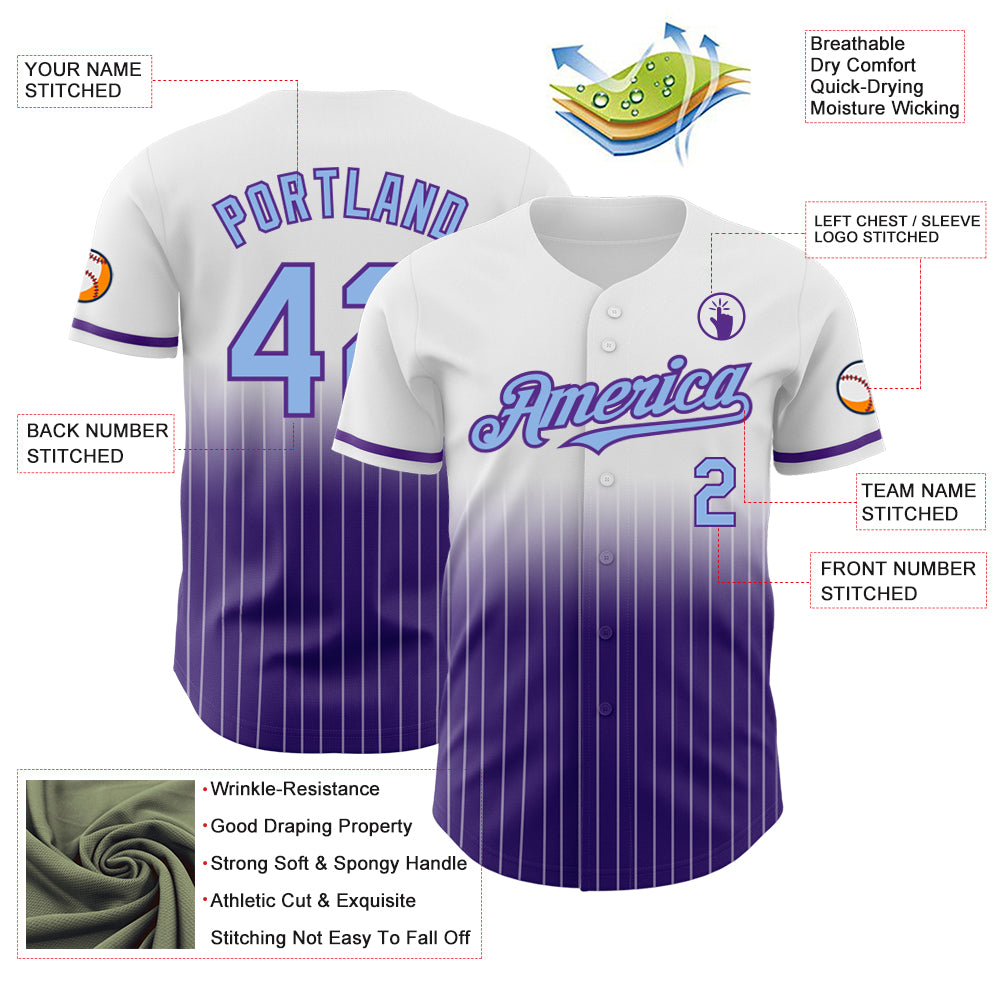 Custom White Pinstripe Light Blue-Purple Authentic Fade Fashion Baseball Jersey