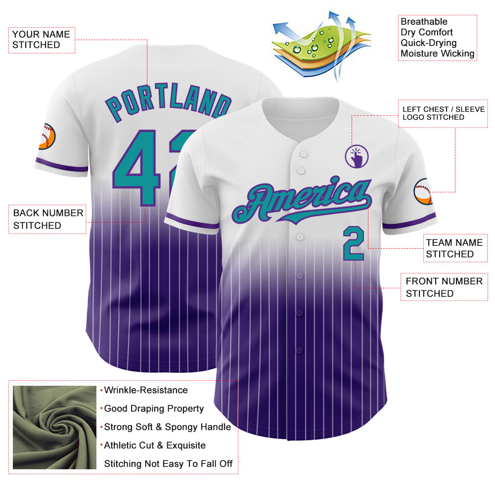 Custom White Pinstripe Teal-Purple Authentic Fade Fashion Baseball Jersey