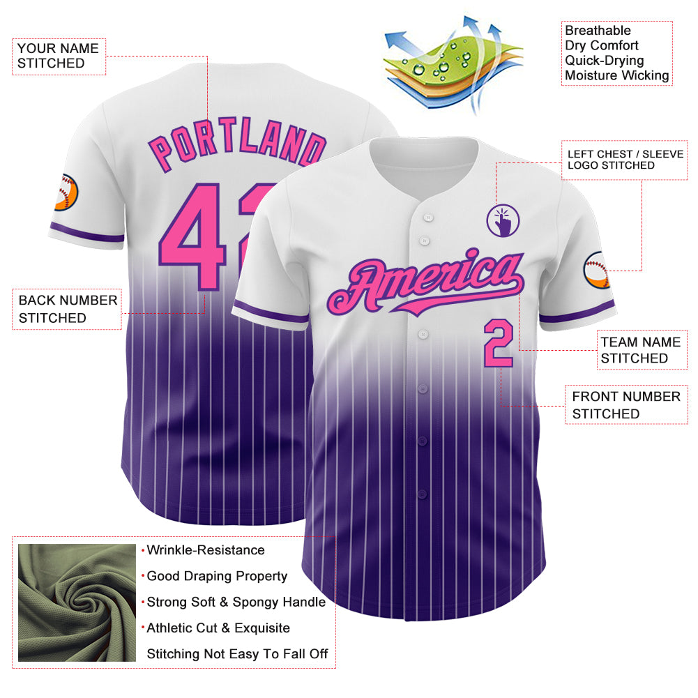 Custom White Pinstripe Pink-Purple Authentic Fade Fashion Baseball Jersey