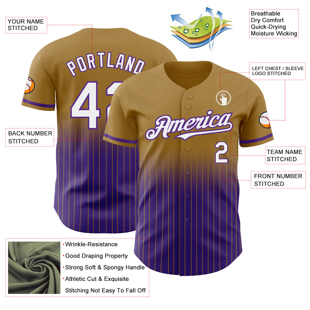 Custom Old Gold Pinstripe White-Purple Authentic Fade Fashion Baseball Jersey