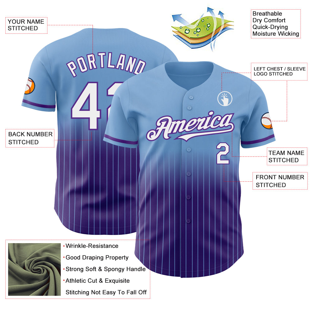 Custom Light Blue Pinstripe White-Purple Authentic Fade Fashion Baseball Jersey