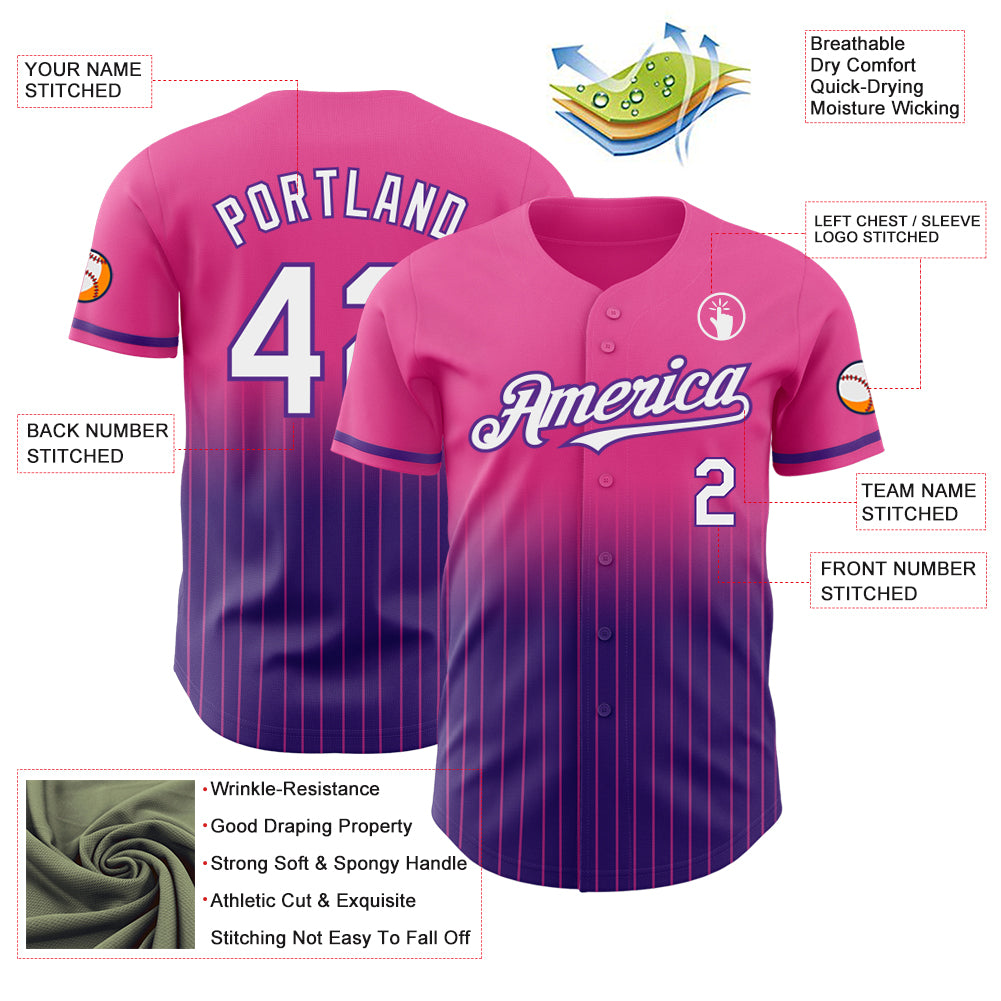 Custom Pink Pinstripe White-Purple Authentic Fade Fashion Baseball Jersey