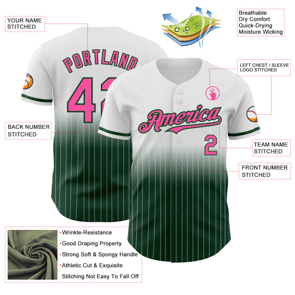 Custom White Pinstripe Pink-Green Authentic Fade Fashion Baseball Jersey