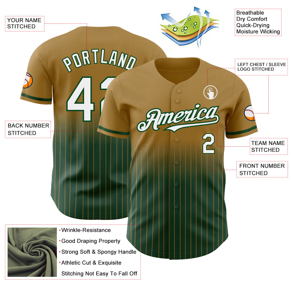 Custom Old Gold Pinstripe White-Green Authentic Fade Fashion Baseball Jersey