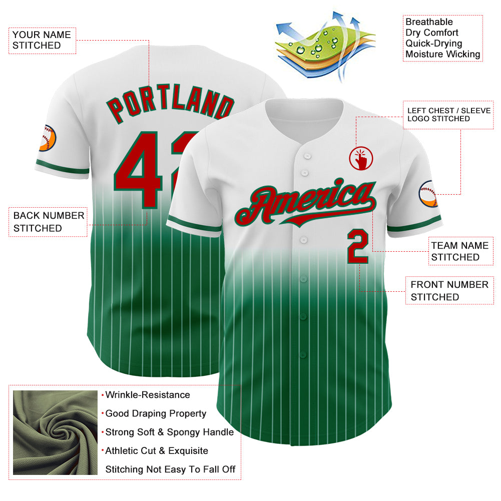 Custom White Pinstripe Red-Kelly Green Authentic Fade Fashion Baseball Jersey