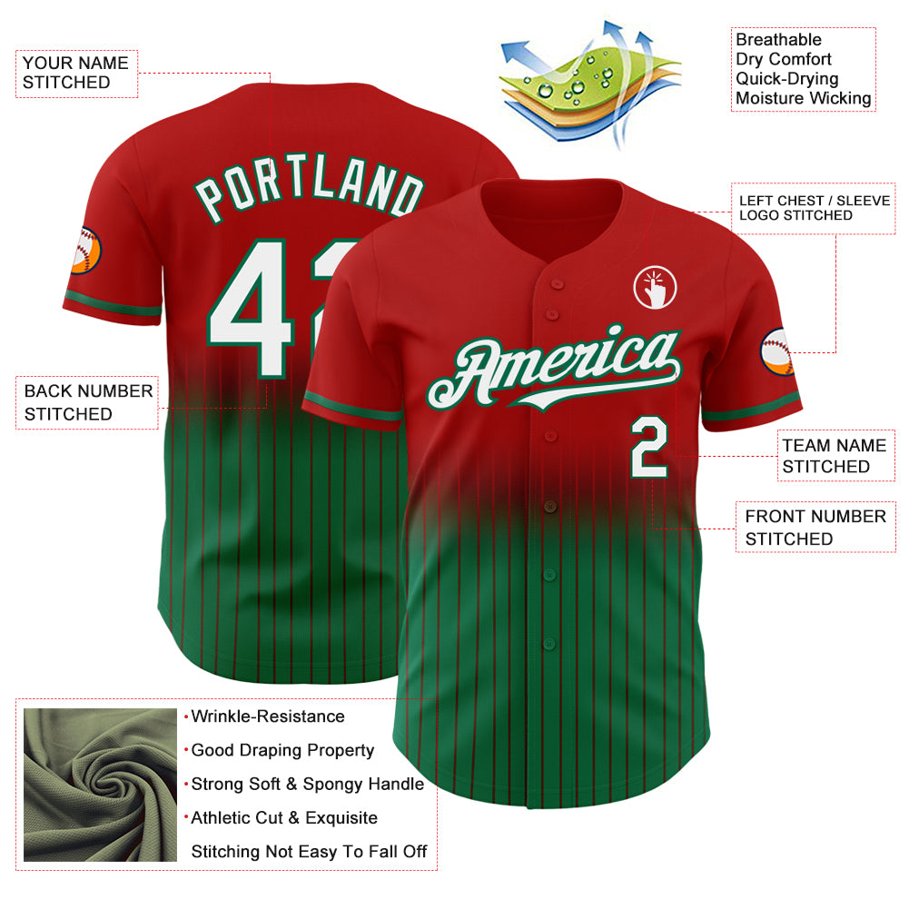 Custom Red Pinstripe White-Kelly Green Authentic Fade Fashion Baseball Jersey
