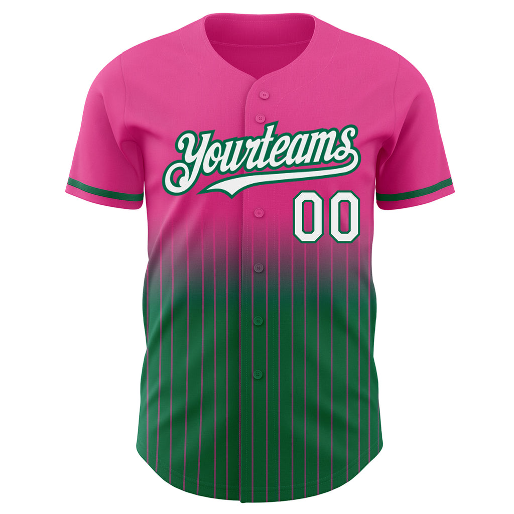 Custom Pink Pinstripe White-Kelly Green Authentic Fade Fashion Baseball Jersey