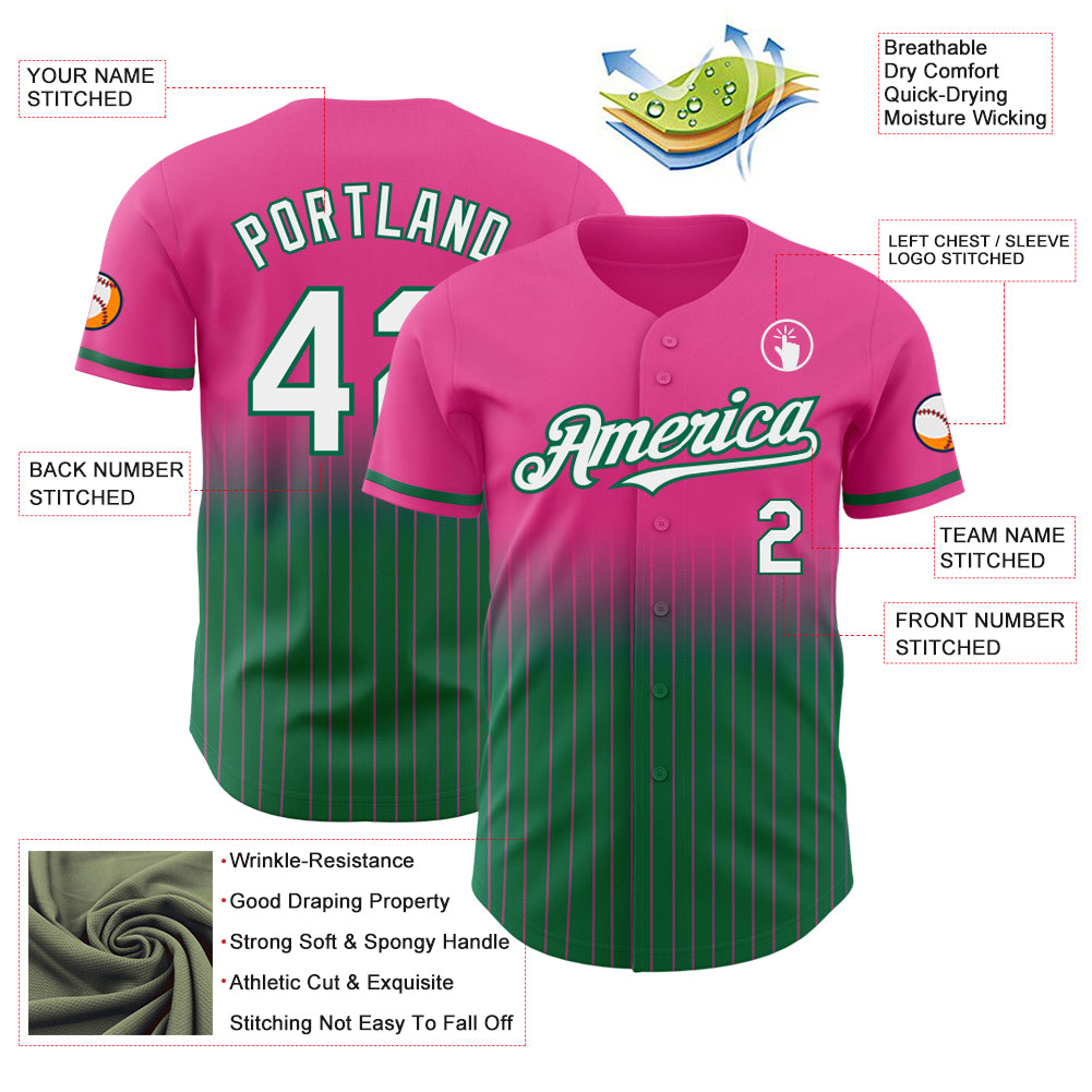 Custom Pink Pinstripe White-Kelly Green Authentic Fade Fashion Baseball Jersey