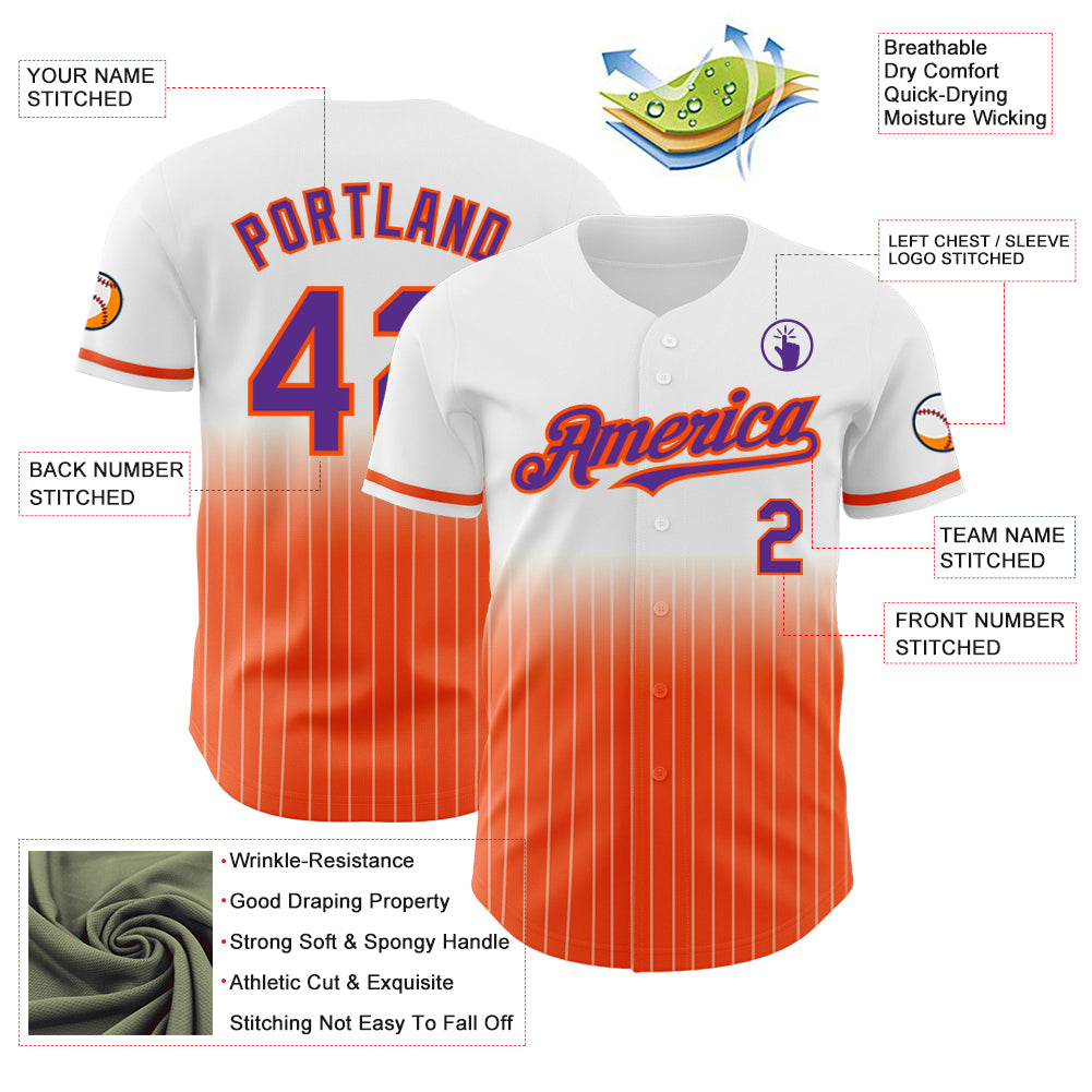 Custom White Pinstripe Purple-Orange Authentic Fade Fashion Baseball Jersey