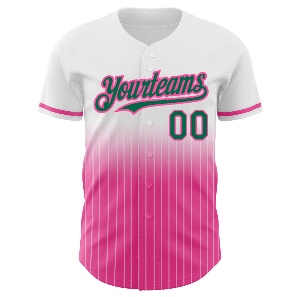 Custom White Pinstripe Kelly Green-Pink Authentic Fade Fashion Baseball Jersey
