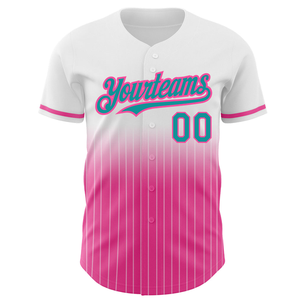Custom White Pinstripe Teal-Pink Authentic Fade Fashion Baseball Jersey