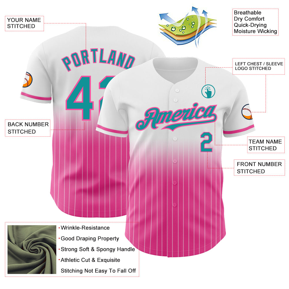 Custom White Pinstripe Teal-Pink Authentic Fade Fashion Baseball Jersey