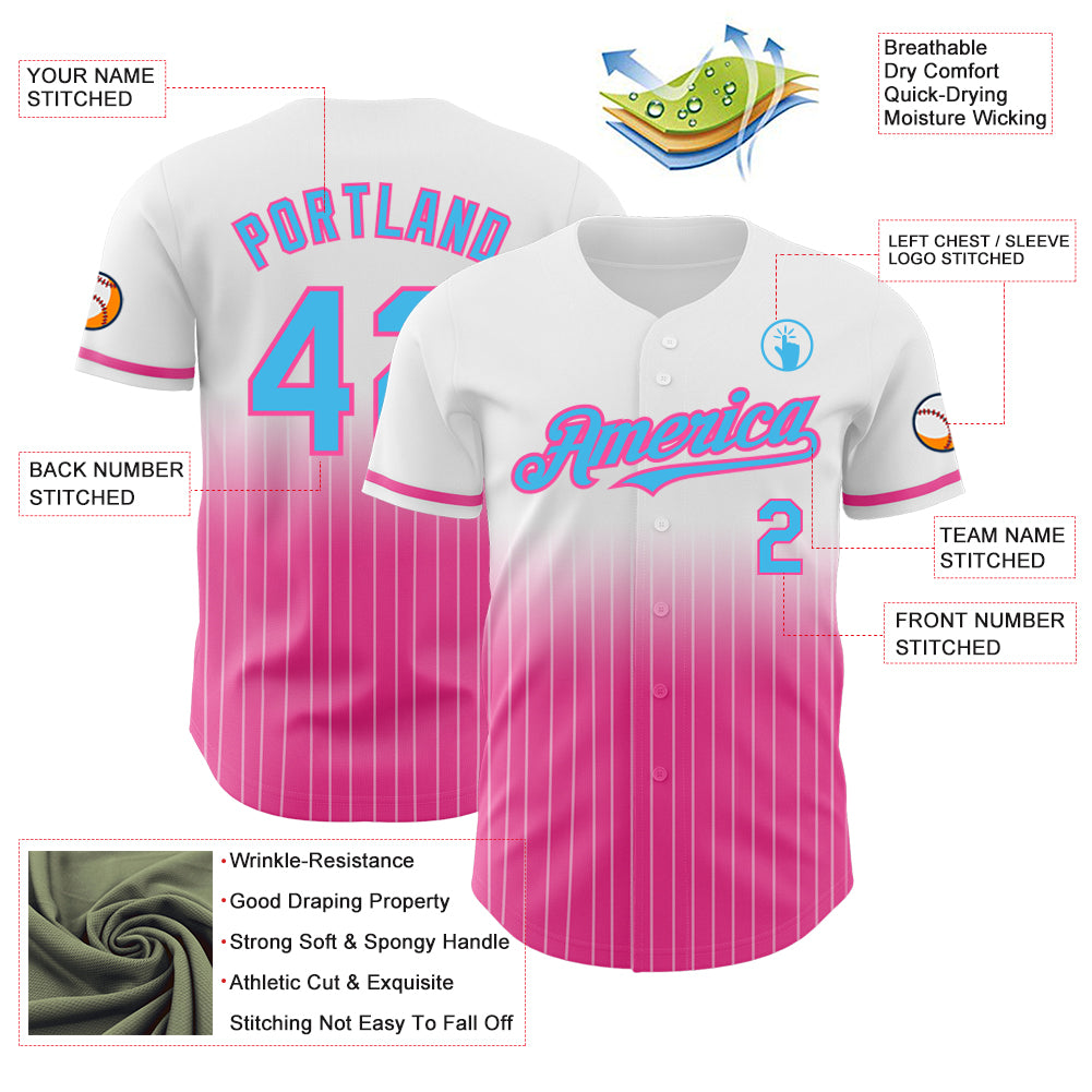 Custom White Pinstripe Sky Blue-Pink Authentic Fade Fashion Baseball Jersey