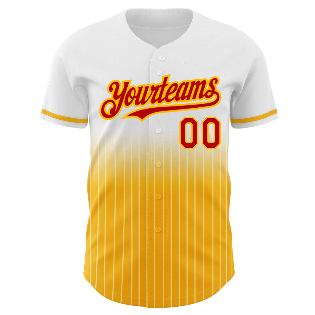 Custom White Pinstripe Red-Gold Authentic Fade Fashion Baseball Jersey